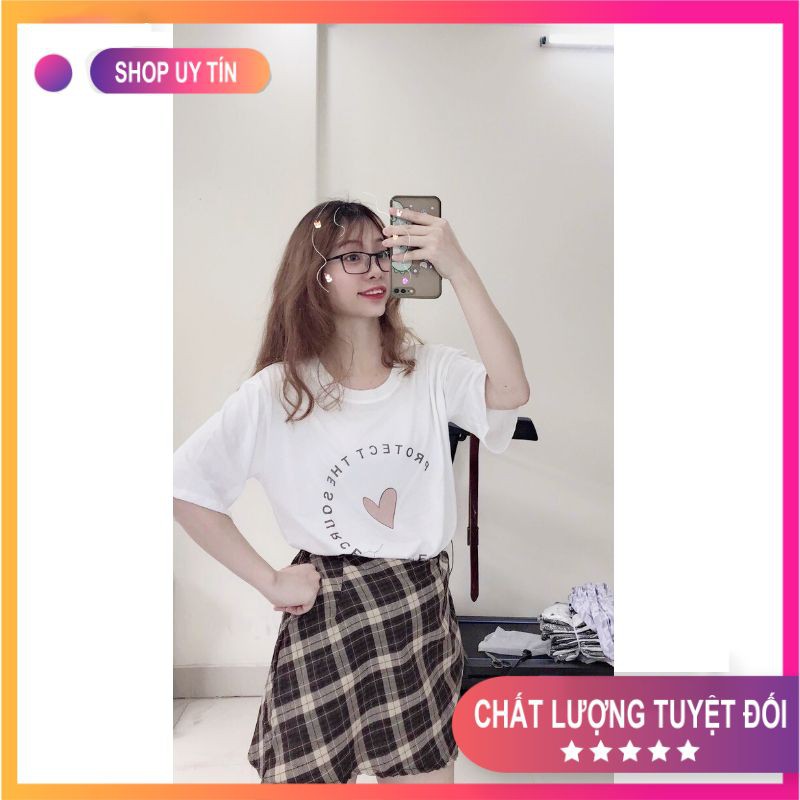 [Mã FADI5K245 giảm 5K đơn 0đ] Set Đồ Nữ 💧Combo Váy Áo💧 Bộ áo phông chữ trái tim mix chân váy A kẻ nâu siêu xinh SET03 | BigBuy360 - bigbuy360.vn