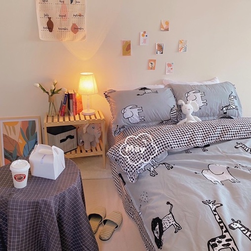 Bộ chăn ga gối Cotton Poly màu xám hoạ tiết sở thú MÂY BEDDING đủ kích thước nệm | BigBuy360 - bigbuy360.vn