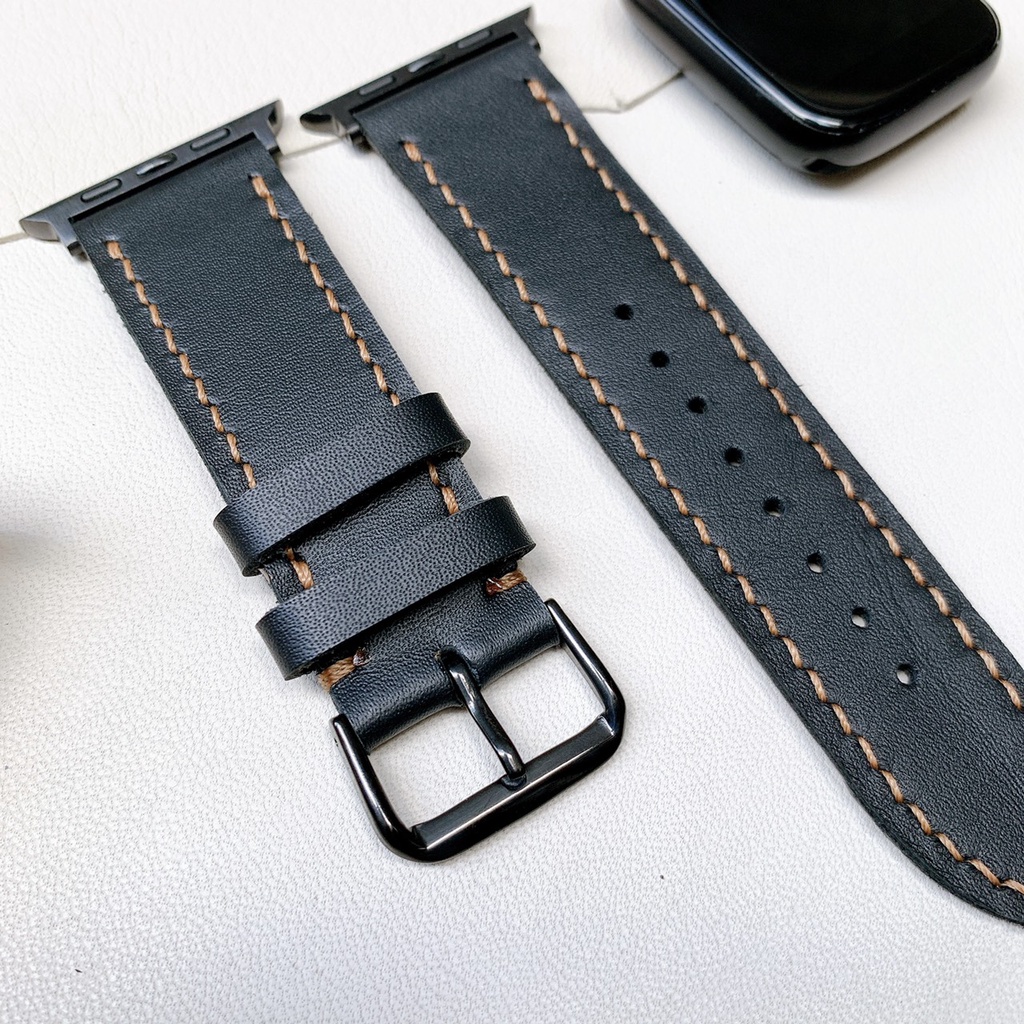 Dây đeo Apple Watch da bò 2 lớp màu đen, khâu tay, đủ các seri 1,2,3,4,5,6... 38mm,40mm,42mm,44mm