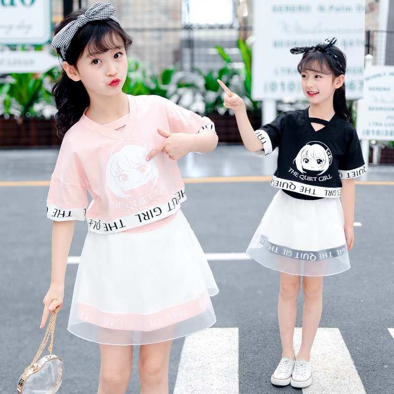 Bộ Áo Tay Lỡ Cổ Chữ V Phối Chân Váy Ngắn Thời Trang Mùa Hè Cho Bé Gái Tiểu Học 13-14-11-9 Tuổi Thời Trang Mùa Hè