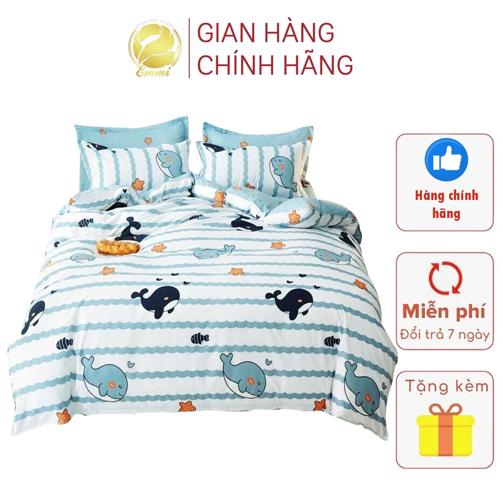 Bộ chăn ga gối , coton poly Emmibedding họa tiết Cá heo, Chăn ga đủ size miễn phí bo chun