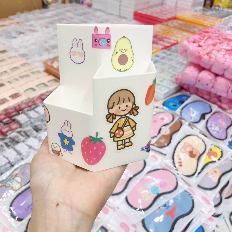 Lon cắm bút kèm sticker xinh xắn - đồ dùng học tập cute