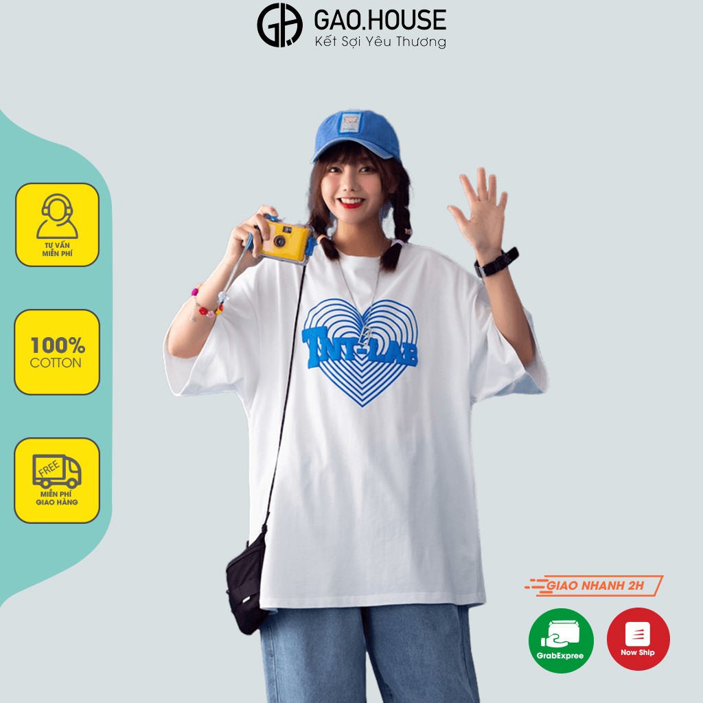 Áo thun nam nữ oversize Gạo House phong cách unisex form rộng tay ngắn, cổ tròn  hình TNT-LAB trái tim xanh V216