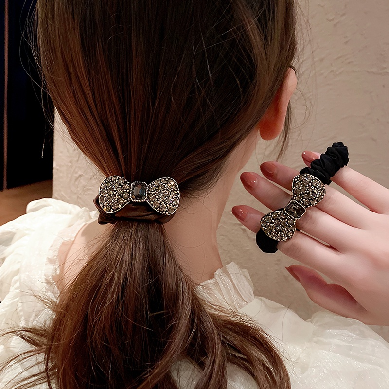 Dây Cột Tóc Hình Nơ Đính Kim Cương Lấp Lánh Phong Cách vintage Hàn Quốc