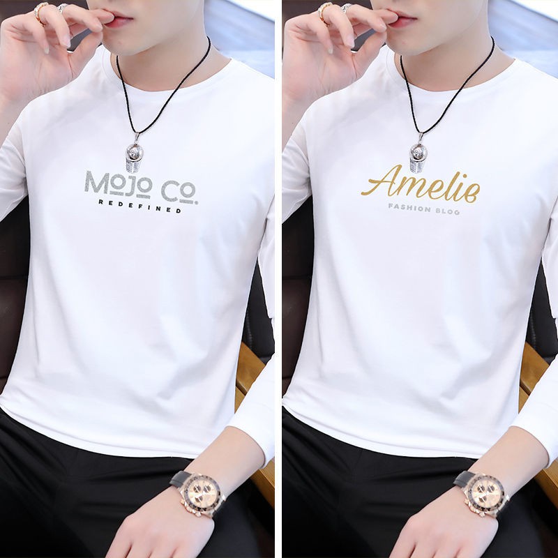 เสื้อยืด┋﹉◑2021 áo thun nam dài tay mới hàng hiệu triều bên trong ôm sát cơ thể hợp thời trang sơ mi cổ tròn vải cotton