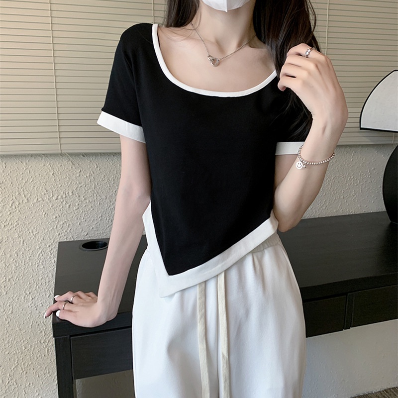Áo thun SUXI ngắn tay cổ tròn màu tương phản thời trang mùa hè cho nữ