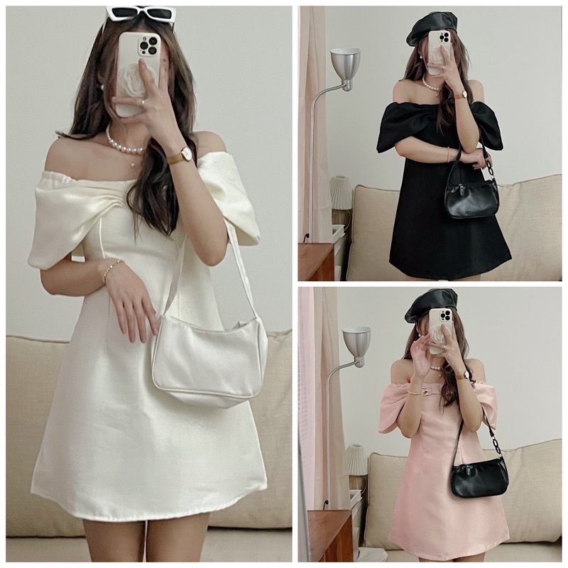 [Xả Sale] ĐẦM VÁY GẤM TRỄ VAI CHẤT NHŨ TACTA CAO CẤP SIÊU SANG NƠ NGỰC