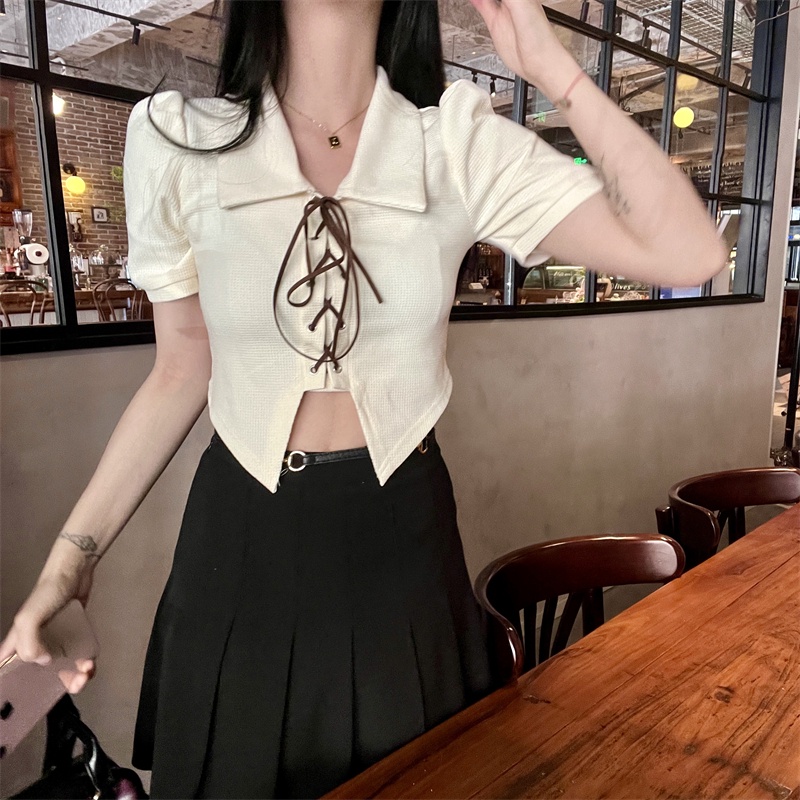 QOEDDV Áo Thun crop top Tay Ngắn Dáng Ôm Phối Dây Rút Thời Trang Hàn Quốc Cho Nữ
