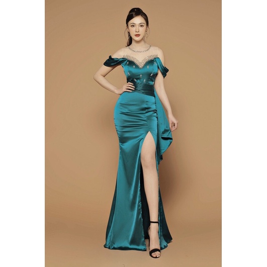 Đầm dạ hội rớt vai kết pha Lê vòng cổ cao cấp tặng hoa tai thời trang xinh xắn TẶNG KÈM HOA TAI THỜI TRANG