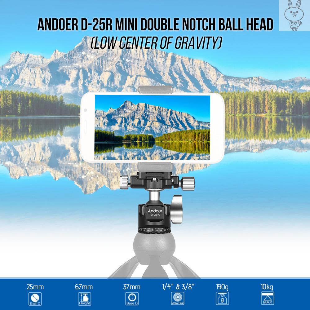 RD Andoer D-25R  CNC Machining Aluminum Alloy Double Notch Ball Head Mini Ballhead Low Center of Gravity for Manfrotto etc Tripod Monopod for    DSLR ILDC Cameras Max Load Capacity 10kg