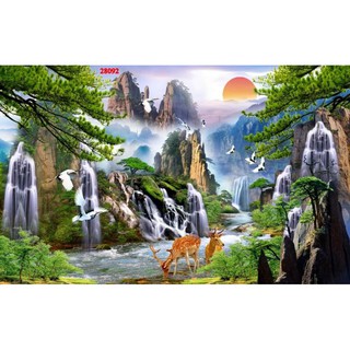 Tranh Vải Lụa dán tường 3D phòng khách phong cảnh, sơn thủy hữu tình