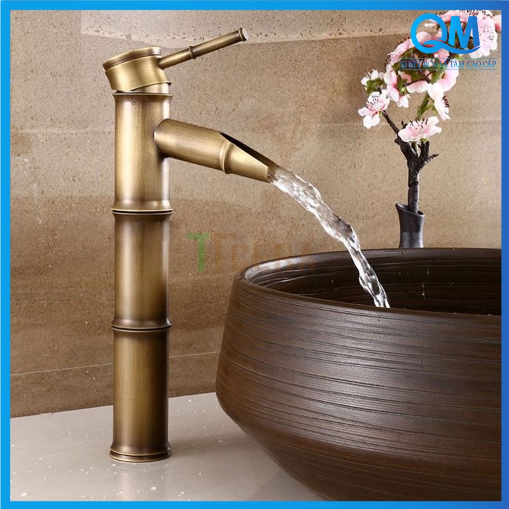 Vòi Lavabo Đồng Nóng Lạnh Cao Cấp. Kiểu Dáng Thân Trúc Cao 30cm - Loại Vòi Cho Chậu Đặt Bàn