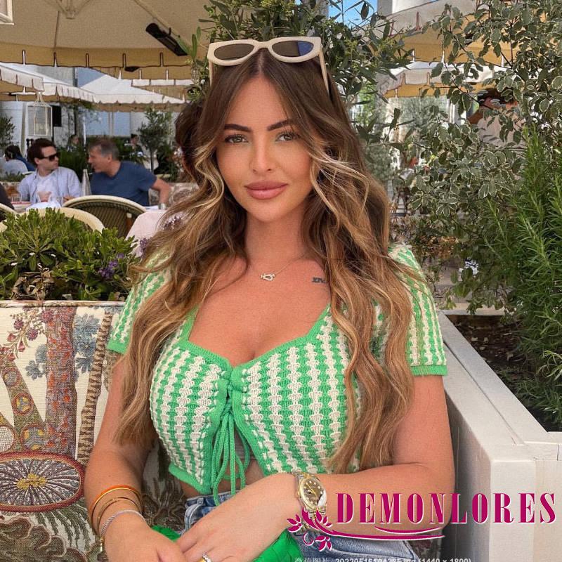 Áo Dệt Kim Tay Ngắn Cổ Vuông Họa Tiết Kẻ Sọc Với Dây Tùy Chỉnh Thời Trang Mùa Hè Cho Nữ