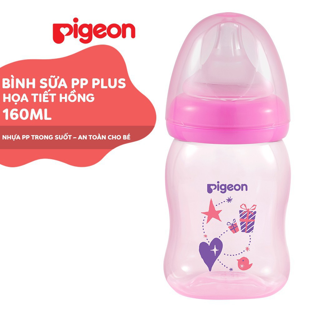 Bình sữa cho bé cổ rộng PP Plus họa tiết xanh/hồng Pigeon 160ml (núm SS 0m+)/ 240ml (núm M 3m+)