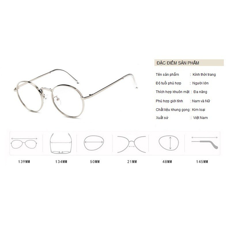 Gọng Kính Cận, Kính Giả Cận Nam Nữ, Mắt Tròn Oval Gọng Kim Loại Viền Dày Cứng Cáp Hàn Quốc - BLUE LIGHT