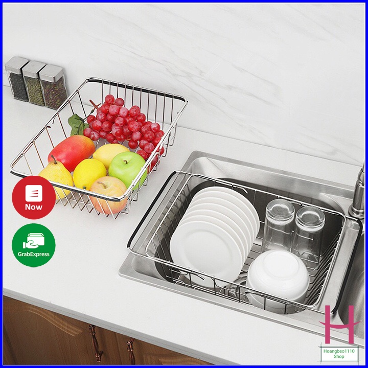Kệ Inox gác bồn rửa chén co giãn đựng bát đĩa tiện lợi, Giá đựng hoa quả đa năng, hữu ích {H}