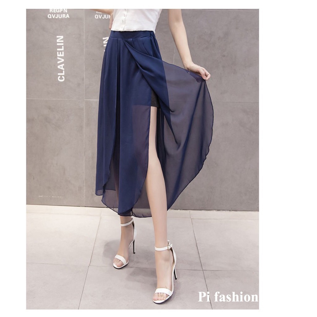 Quần voan ống suông xẻ tà, quần culottes