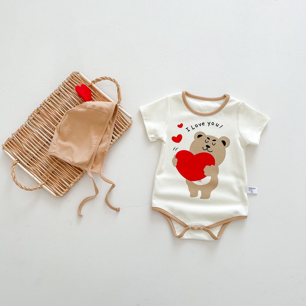 Bộ Áo Liền Quần Tay Ngắn In Hình Gấu + Mũ Dễ Thương Thời Trang Mùa Hè Cho Bé Sơ Sinh