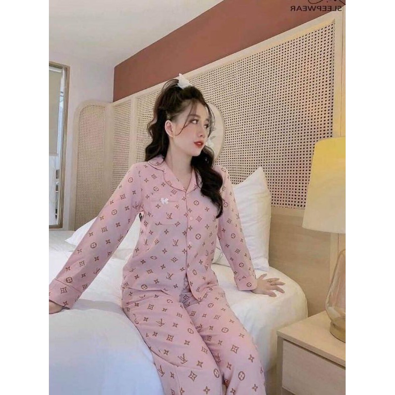 Set bộ quần áo ngủ dài tay nhung họa tiết MH
