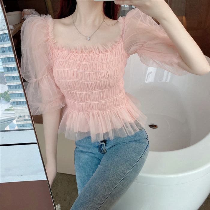 Áo voan tay bồng cổ vuông phong cách baby doll 2020