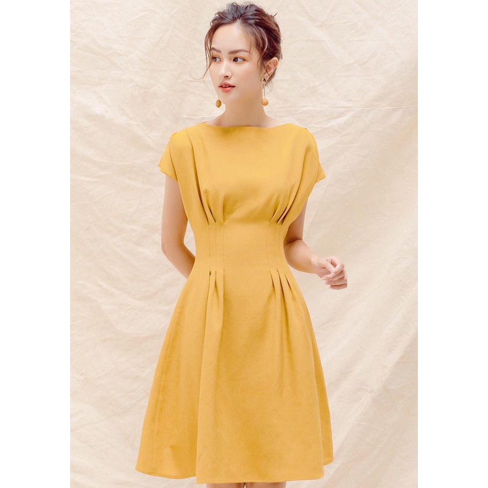 Đầm Nữ Vàng Xòe Chít Eo