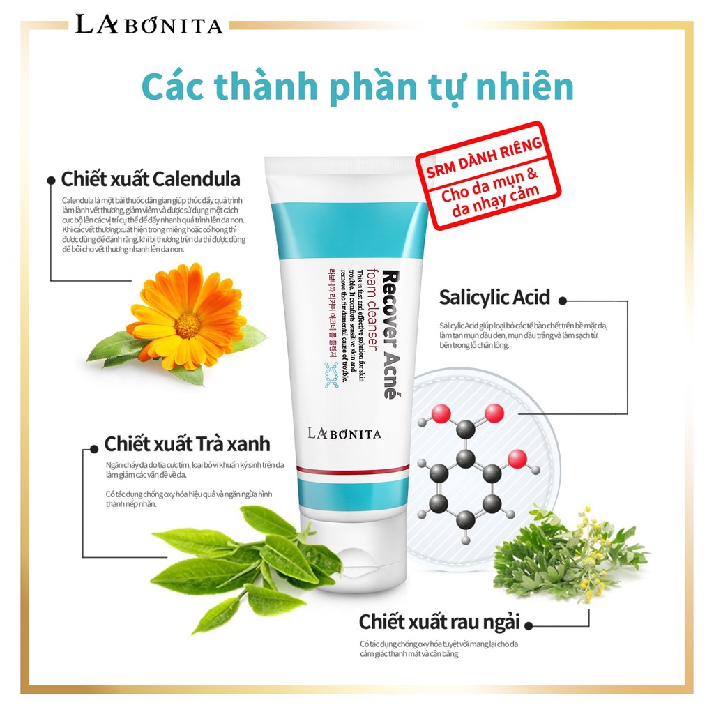Sữa rửa mặt giảm mụn, phục hồi & dịu da - La Bonita Recover Acne Foam Cleanser 100ml