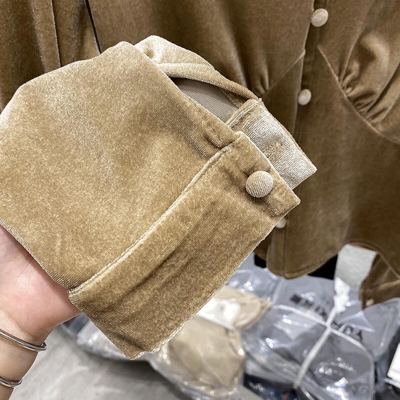 Áo Sơ Mi Nhung Ngắn Cổ Chữ V Thời Trang Thu Đông Phong Cách Pháp