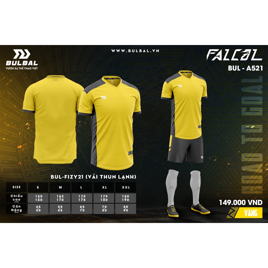 Áo đá bóng, quần áo bóng đá, áo không logo Bulbal Falcol Vàng - Chất vải cao cấp, bền đẹp