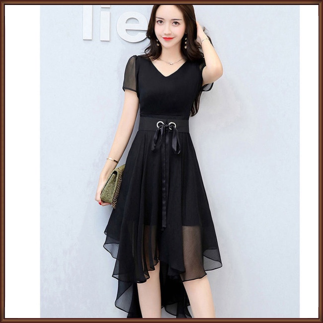 Đầm Voan Ngắn Tay Cổ Chữ V Thiết Kế Bất Đối Xứng Phối Dây Rút Thời Trang Cho Nữ