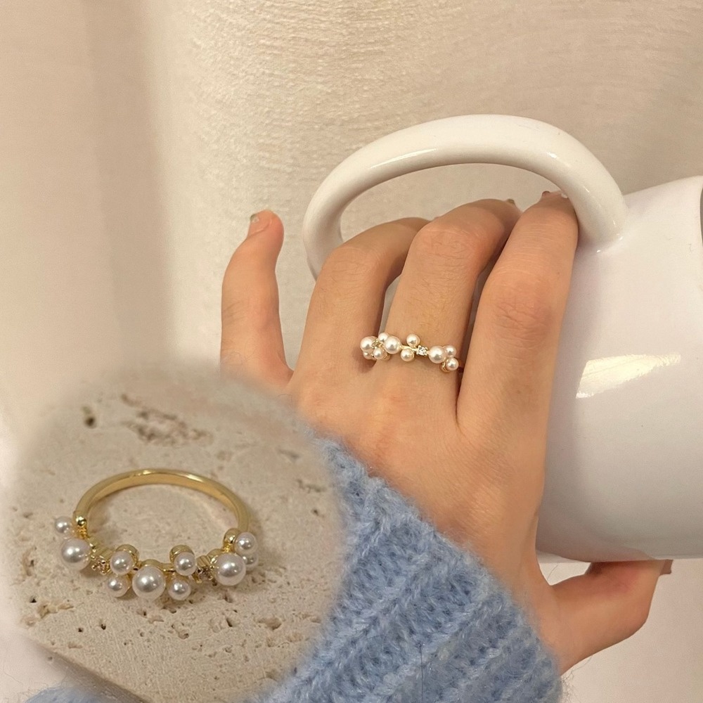 Nhẫn Hai Lớp Đính Ngọc Trai Thiết Kế Đơn Giản Sang Trọng Thời Trang Kiểu Pháp