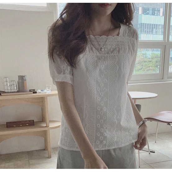 SUXI Áo Sơ Mi Cổ Vuông Dáng Rộng Màu Sắc Đơn Giản Thời Trang Mùa Hè Xinh Xắn Cho Nữ