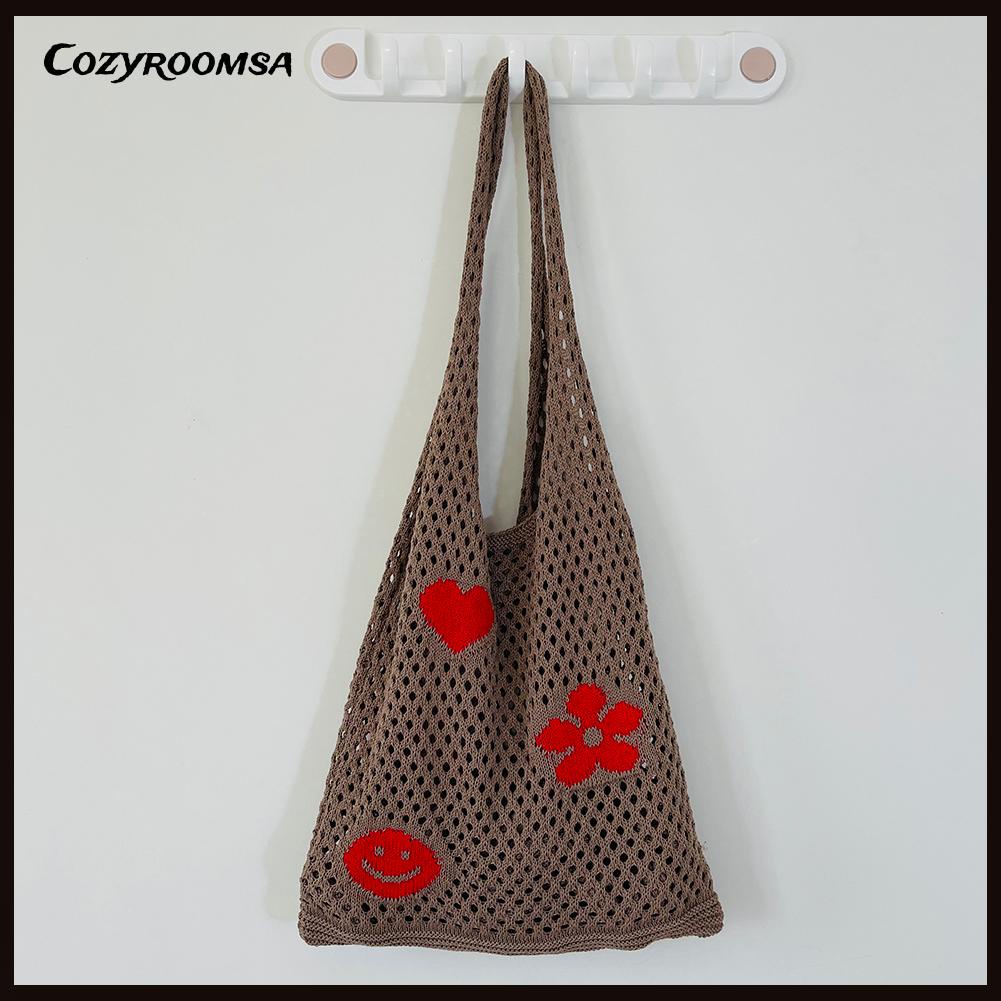 Túi Đeo Vai Đan Len Thủ Công Cỡ Lớn Phối Lưới Hoa Xinh Xắn