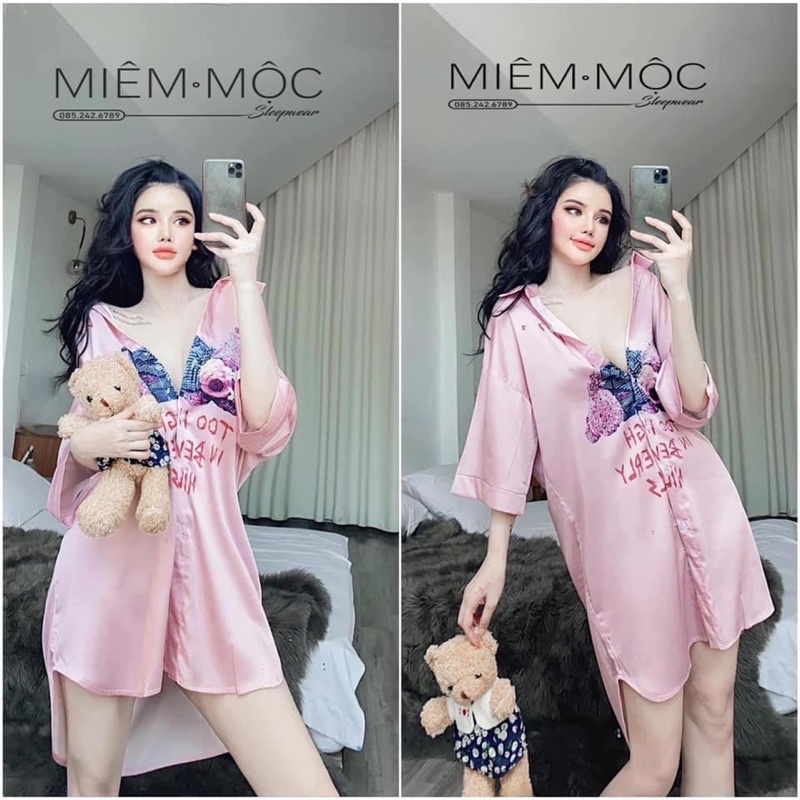Đồ ngủ, váy ngủ mặc nhà cổ sơ mi lụa latin