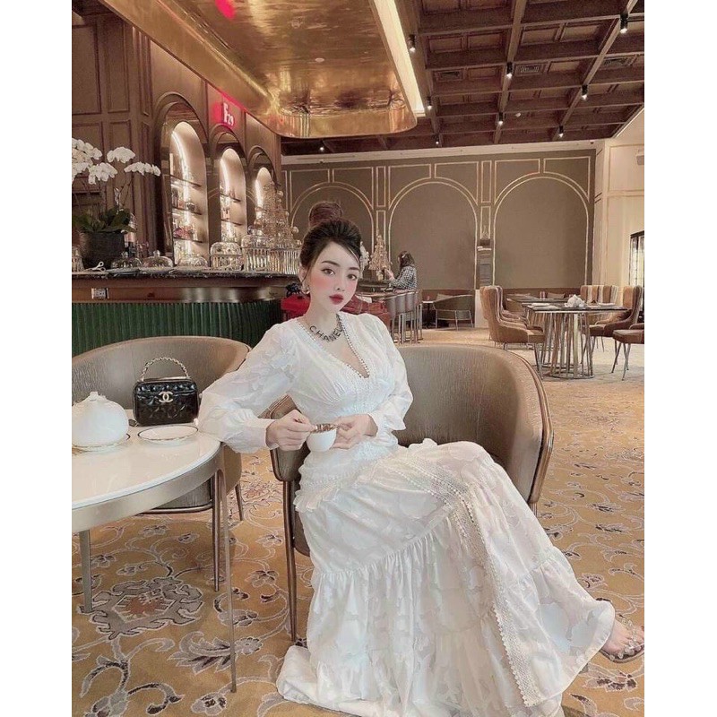Đầm Maxi Ren Trắng Tay Dài Cổ V Nút, Đầm Dự Tiệc, Đi Biển, Chụp Ảnh (Ảnh Thật) | BigBuy360 - bigbuy360.vn
