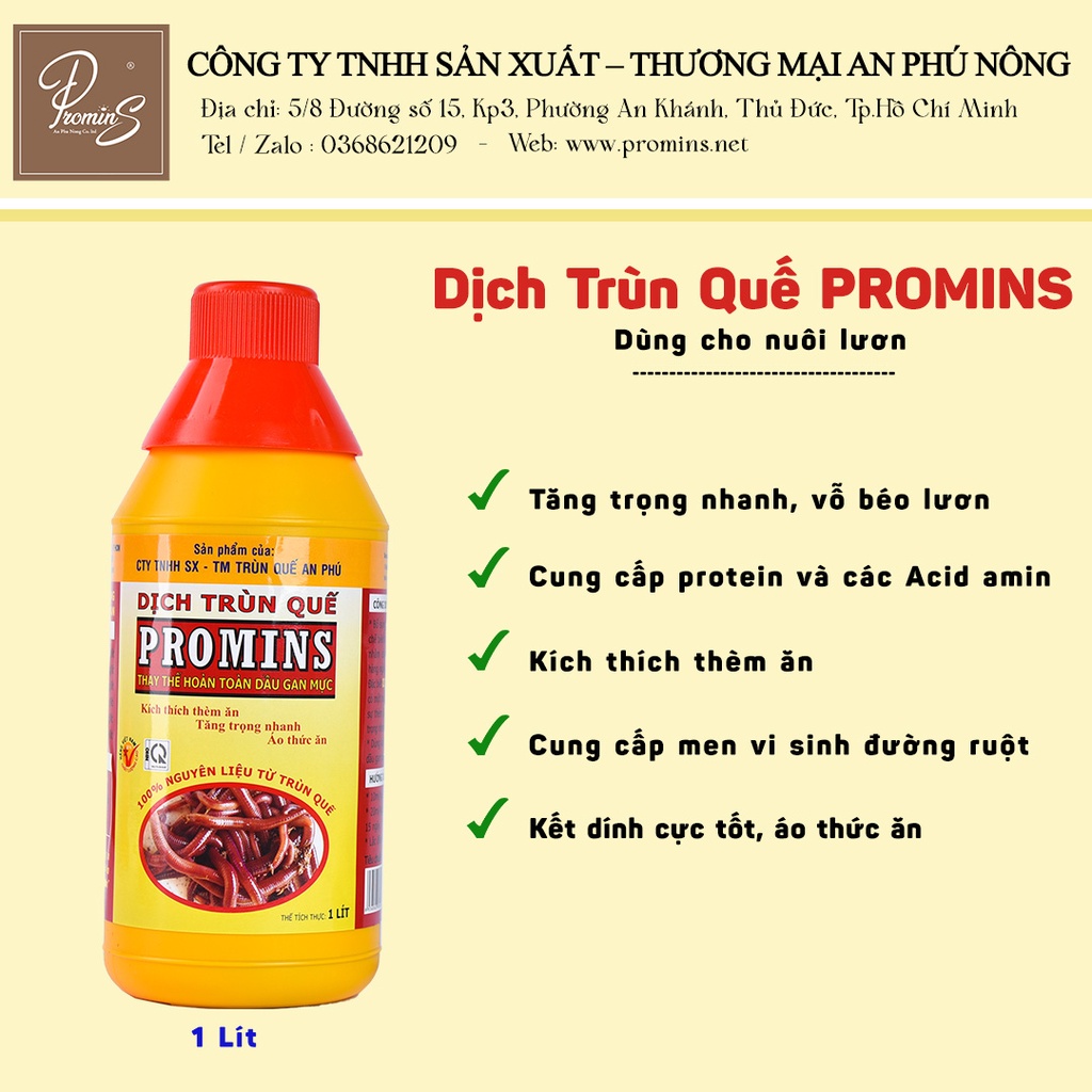 DỊCH TRÙN QUẾ PROMINS NUÔI LƯƠN CHAI 1 LIT