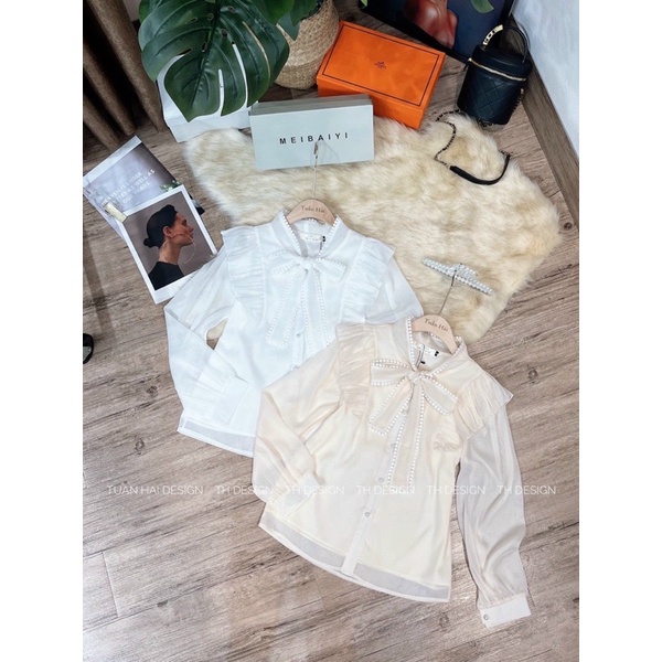 Áo sơ mi cổ nơ đính ngọc | BigBuy360 - bigbuy360.vn