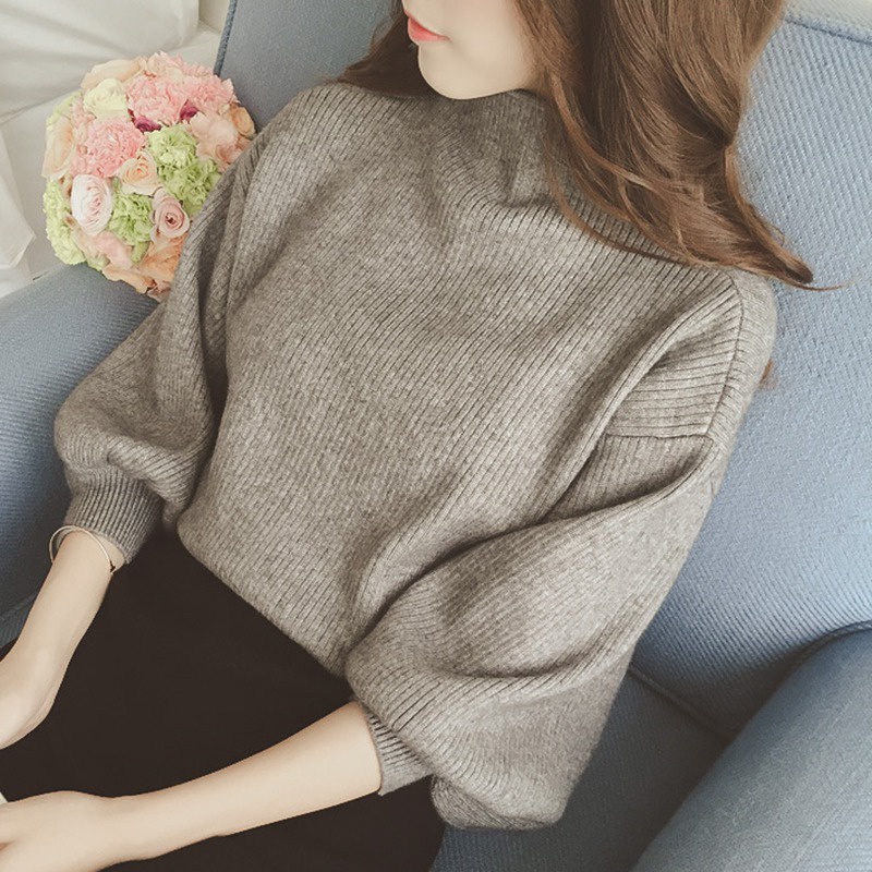 Áo Sweater Dệt Kim Tay Phồng Cổ Cao Dáng Rộng Thời Trang Cho Nữ