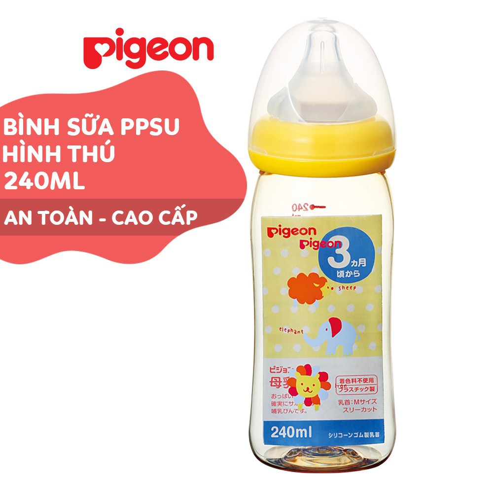 Bình sữa Pigeon 160ml / 240ml cổ rộng PPSU Plus hình thú với núm vú silicone siêu mềm Plus