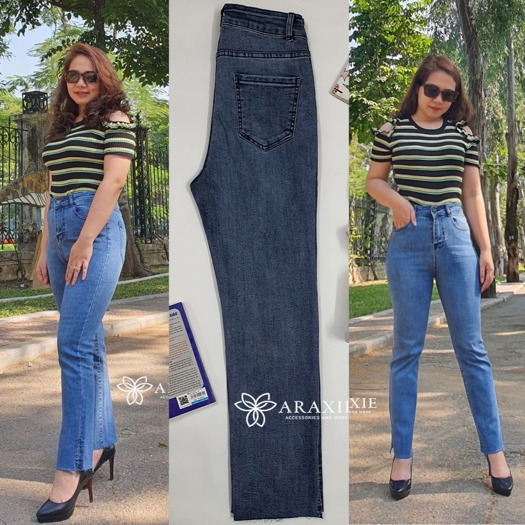 Quần bò nữ ống đứng Araxie quần jean nữ ống đứng màu xanh lưng cao xẻ gấu co giãn 4 chiều JAOD05