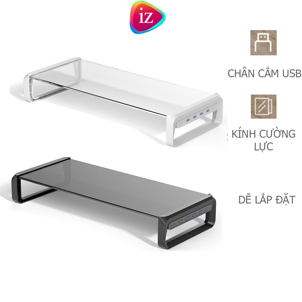 Kệ màn hình máy tính PC, tích hợp chân cắm USB, kính cường lục siêu bền