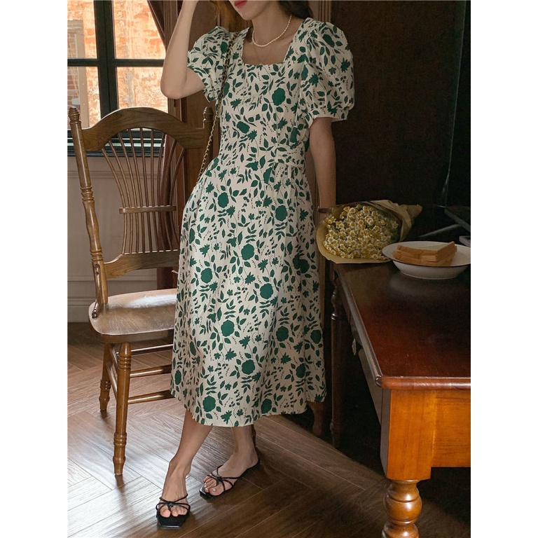 Đầm Hoa Tay Phồng Cổ Vuông Thời Trang Retro Hàn Quốc