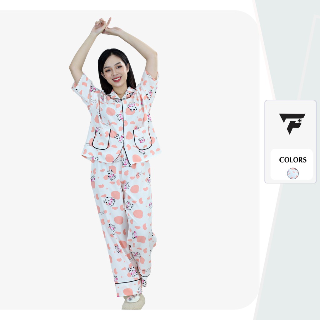 Pijama lụa mặc nhà nữ bò sữa quần dài cánh dơi form rộng thời trang cao cấp FPLUS 282