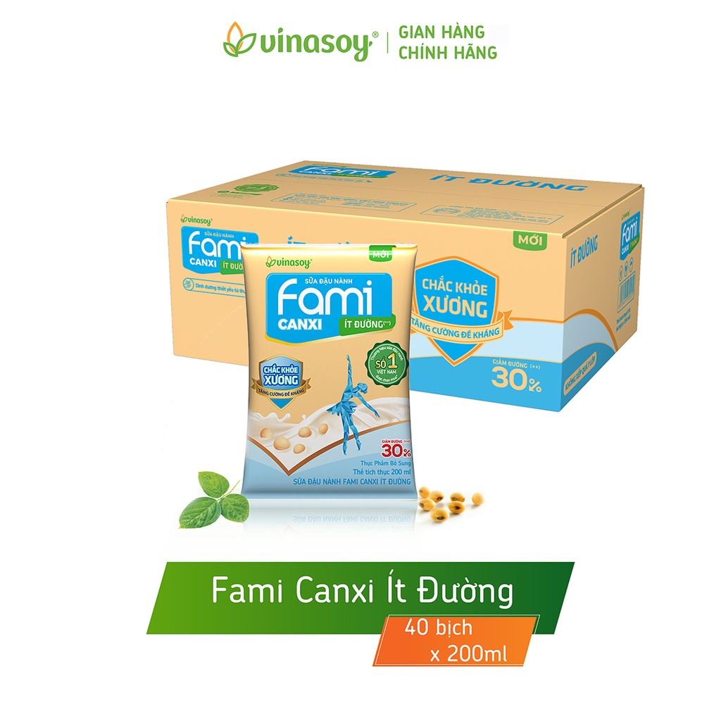 Thùng sữa đậu nành Fami Canxi ít đường (40 bịch x 200ml)