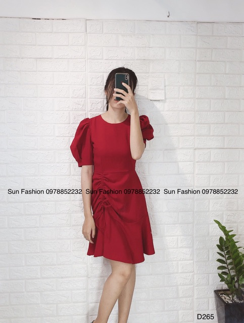 Đầm đỏ tay phồng đuôi cá rút dây Sun Fashion
