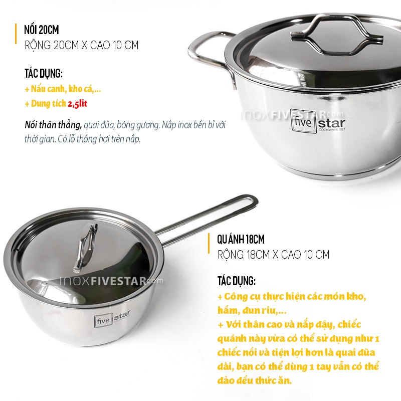 Bộ 5 Nồi Xửng Quánh Chảo 3 Đáy Inox 430 Fivestar Vung Inox ✅ Dùng được bếp từ, Bảo Hành 5 Năm
