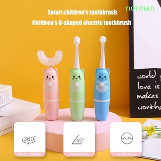 Bàn chải đánh răng NORMAN 2 trong 1 hình chữ U bằng silicon mềm chống thấm nước xoay 360 độ cho bé 2-12 tuổi
