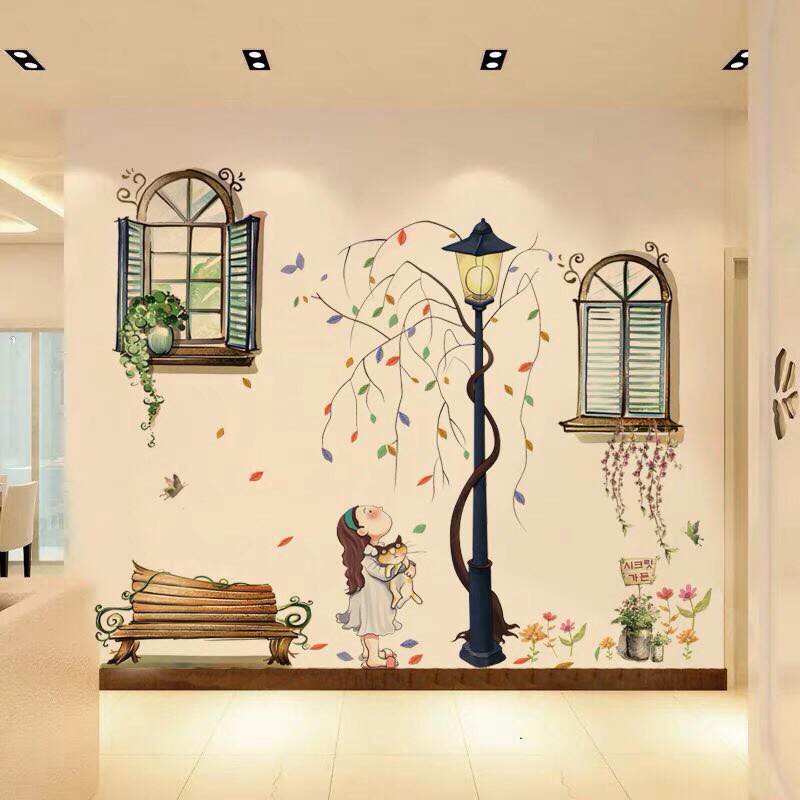 Decal dán tường Bé ôm mèo và cửa sổ