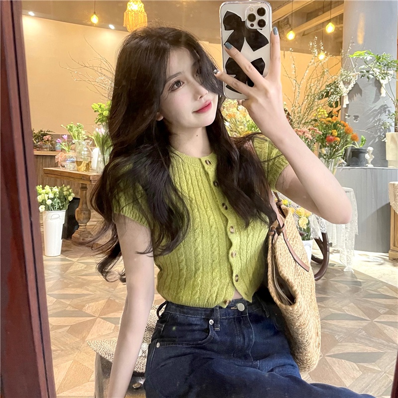 Porozi  Áo crop top  vải dệt kim mỏng tay ngắn dáng ôm phong cách Hàn Quốc dành cho nữ