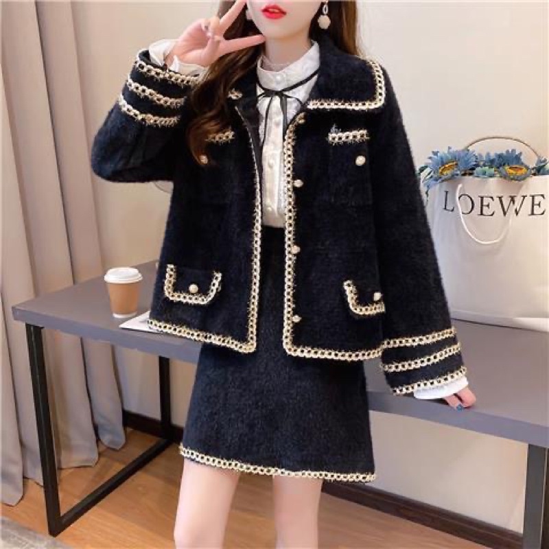 Set áo khoác + chân váy vải dạ bông sang chảnh viền ulzzang