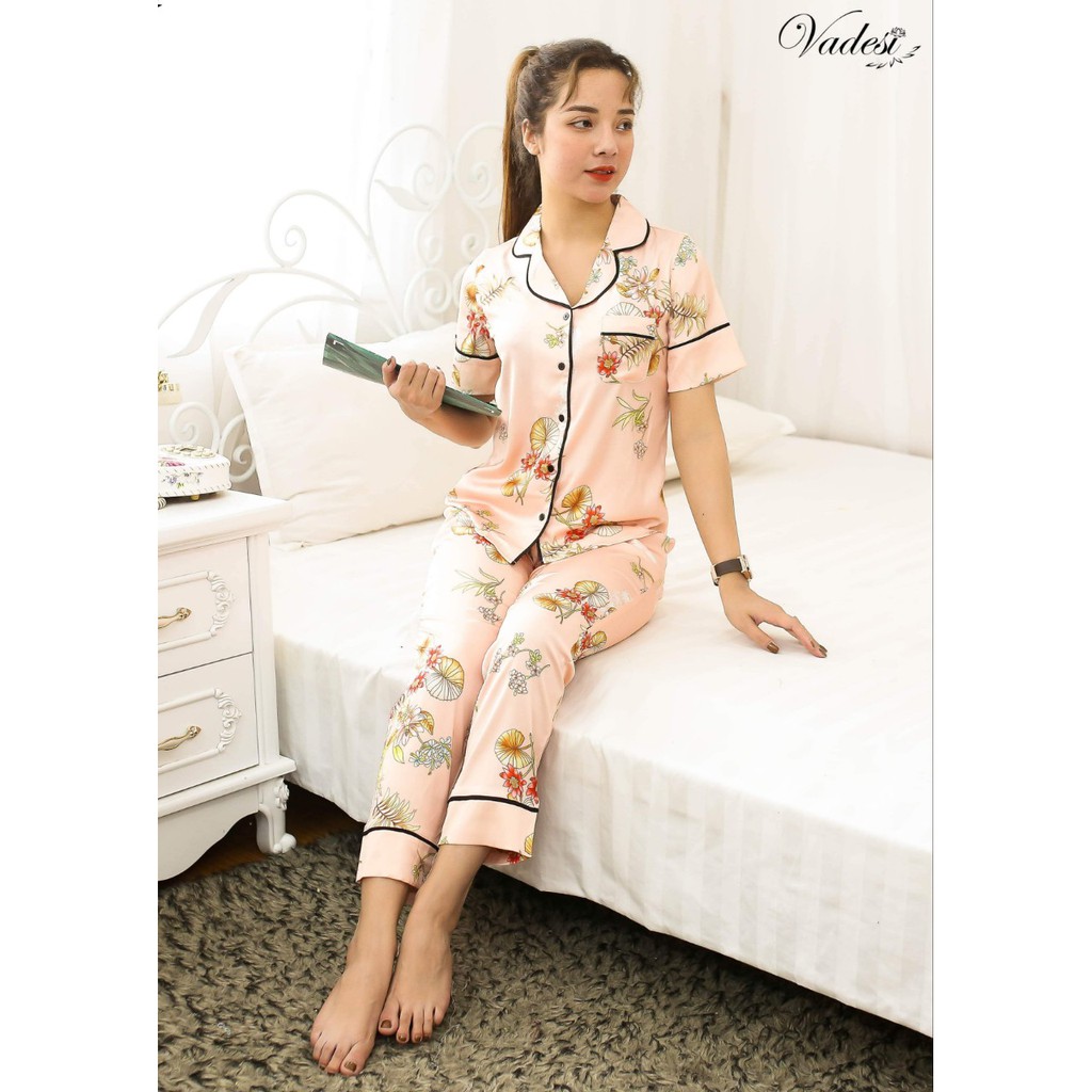 [Chính Hãng] Pijama Lụa Cao Cấp, Bộ Dài Họa Tiết Trang Nhã, Đồ Ngủ Đẹp, Bộ Mặc Nhà Vadesi - Thời Trang Nữ